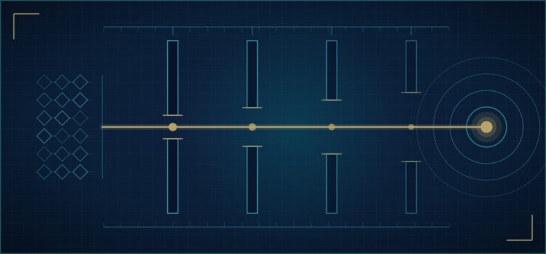 Abstract geometric graphic showing one route passing through four successive gates, each aperture wider than the last