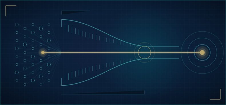 Abstract geometric graphic showing dispersed capability narrowing into one controlled channel toward a single destination