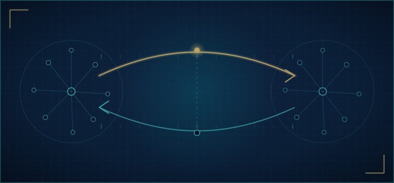 Abstract geometric graphic showing value flowing in both directions between two industrial clusters