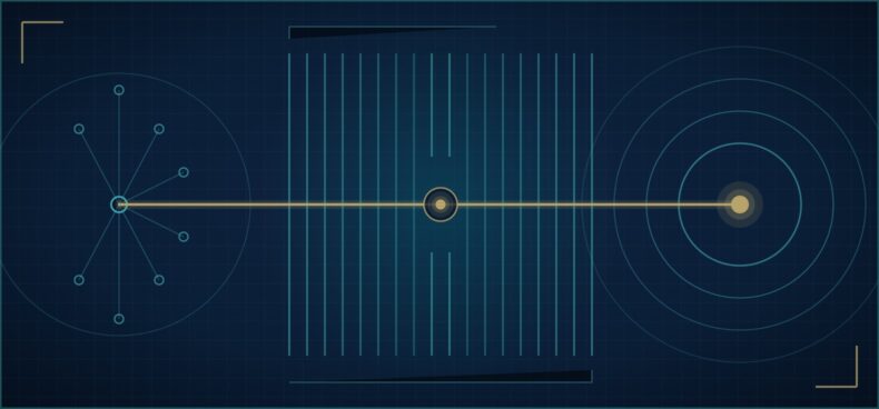 Abstract geometric graphic in the Nortrane palette showing a single route traced through a structured barrier toward a concentric target