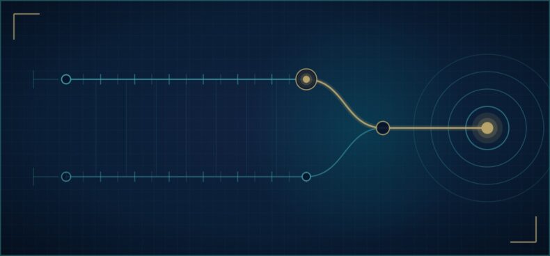 Abstract geometric graphic showing two parallel commercial tracks converging on a single destination